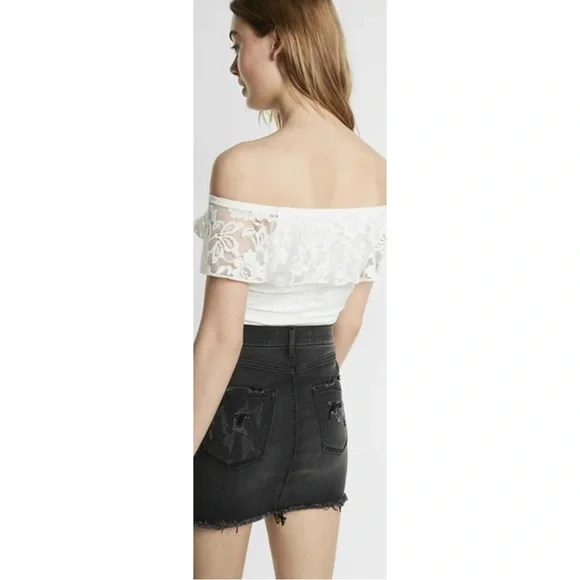 EXPRESS Off The Shoulder Ruffle Lace Thong Bodysuit - Picture 11 of 16